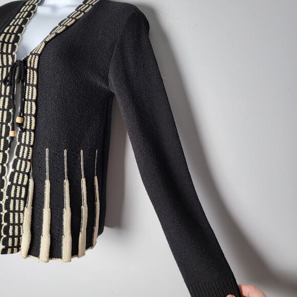 Destiny Milan London Cardigan S Black Cream Tie Front Long Sleeve Mod Knit Retro - Picture 3 of 7